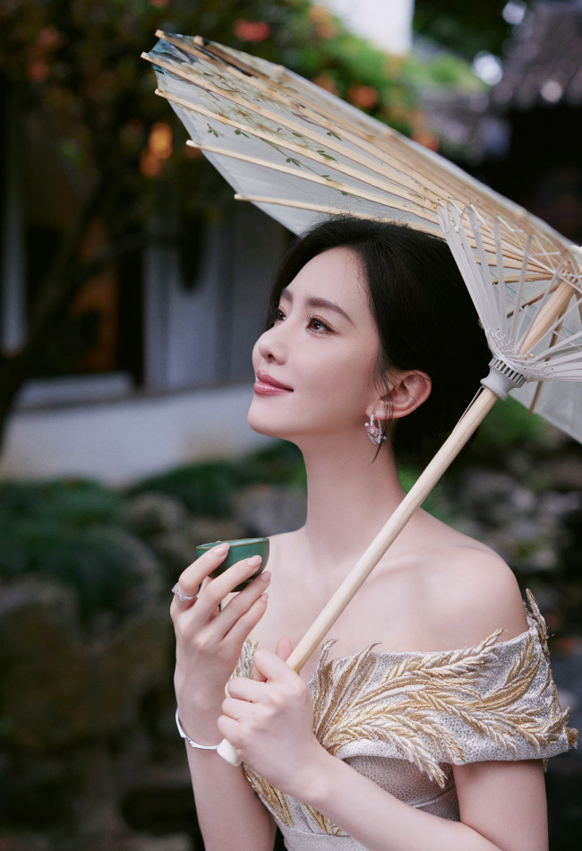 刘诗诗穿鎏金刺绣长裙 盘发而立书香气十足