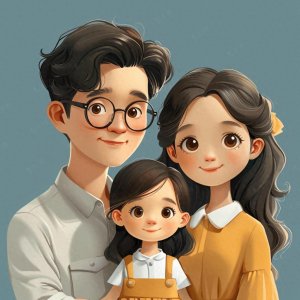 ​亲子头像 - 一家三口亲子头像，妈妈长发爸爸戴眼镜